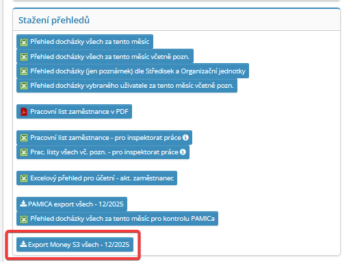 Novinka v modulu Docházka – export Money S3