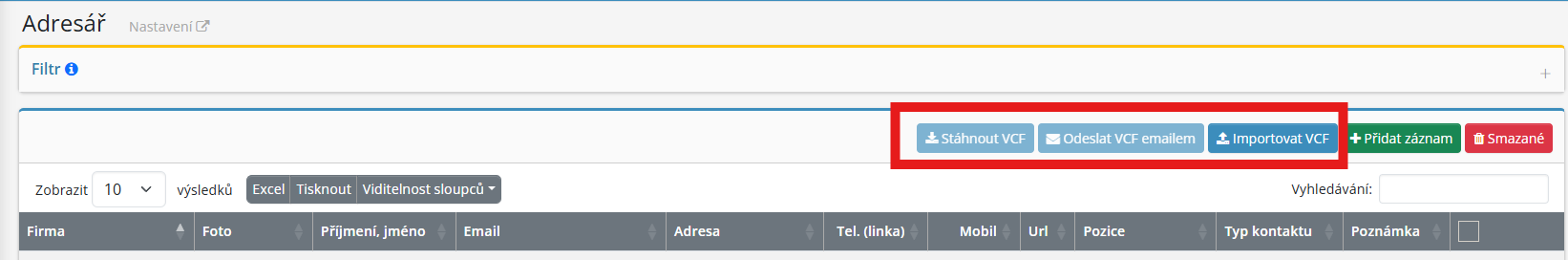 Novinka v modulu Adresář – import a export kontaktů ve formátu VCF (vCard)