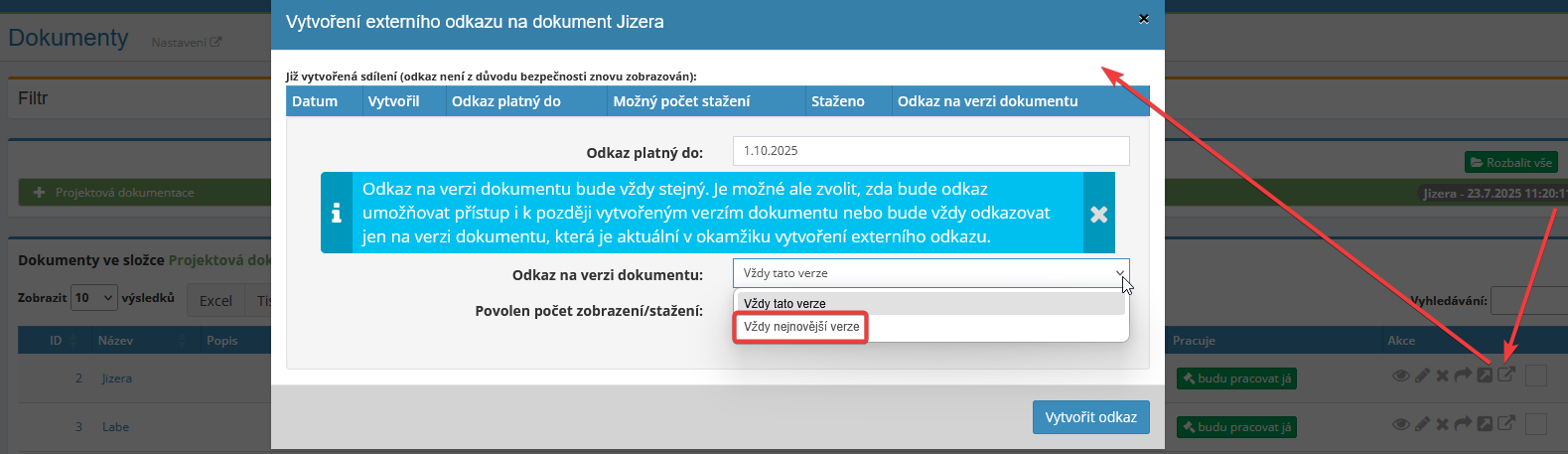 Novinka v modulu Dokumenty – externí odkaz vždy na nejnovější verzi dokumentu