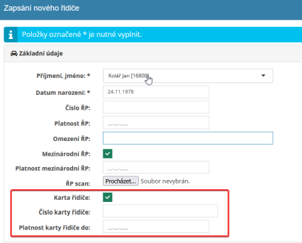 Novinka v modulu Evidence řidičů - evidence karty řidiče