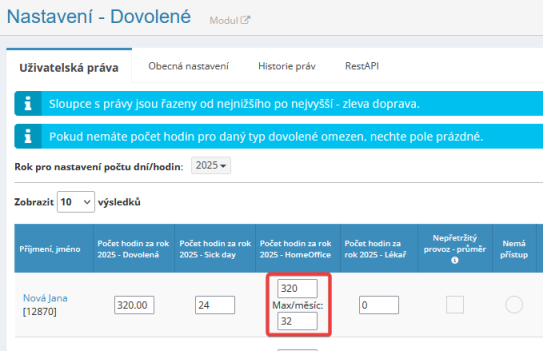 Novinka v modulu Dovolené - možnost omezení počtu hodin homeoffice za měsíc