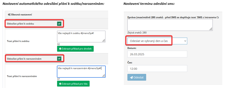 Novinky v modulu SMS – možnost automatického odeslání zprávy s přáním k svátku či k narozeninám a nastavení termínu odeslání 