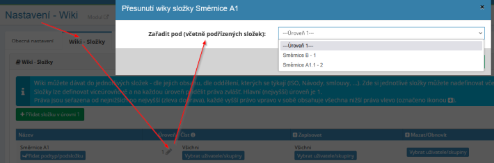 Novinka v modulu Wiki - možnost změny úrovně složky