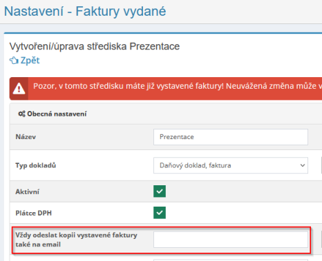 Novinka v modulu Faktury vydané – možnost nastavení e-mailu pro odeslání kopie vystavené faktury