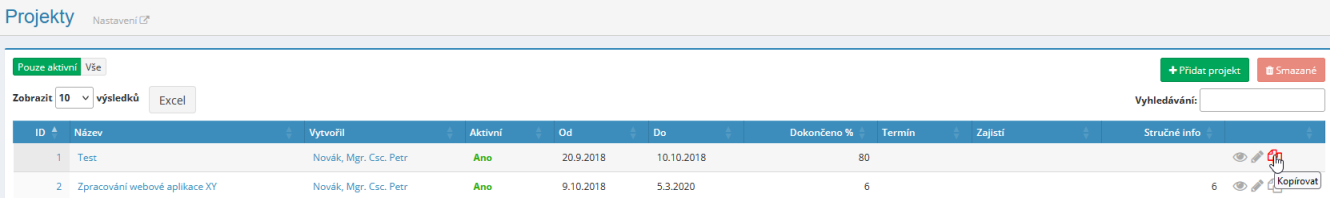 Novinka v modulu Projekty – možnost kopírování projektů