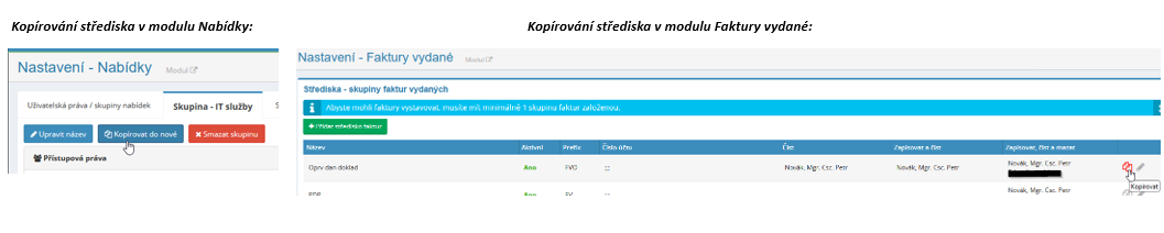 Novinky v modulech Nabídky a Faktury vydané – možnost kopírování střediska v nastavení modulů