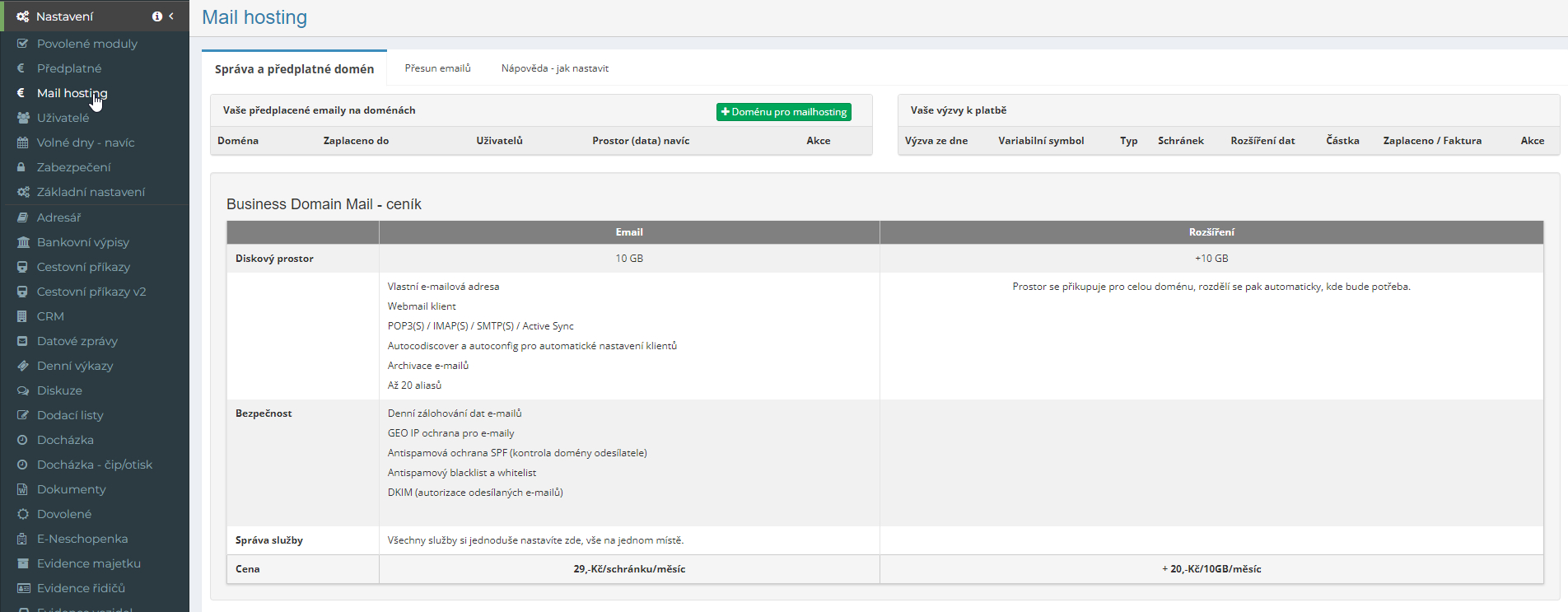 Novinka v aplikaci eIntranet.net - možnost hostování e-mailů na vlastní doméně