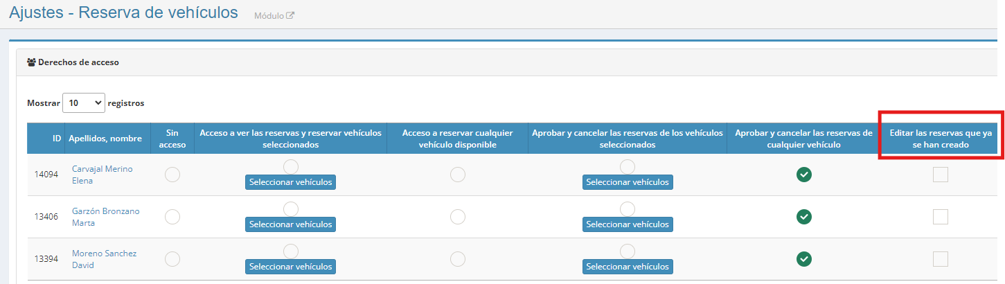 Novedad en el módulo de reservas de vehículos: derecho para modificar cualquier reserva ya creada.