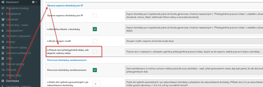 Novinka v modulu docházka – možnost doplnění exportu docházky pro IP reálnou pracovní dobou