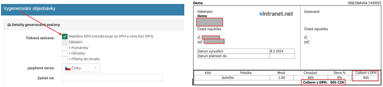 Novinka v modulu objednávky vydané – tisková sestava pro neplátce DPH