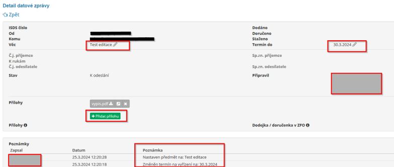 Novinka v modulu datové zprávy – možnost editace datové zprávy připravené k odeslání