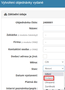 Novinka v modulu objednávky vydané - nový stav objednávky