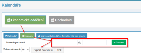 Novinka v modulu kalendáře– možnost výběru časového období pro export dat do Excelu