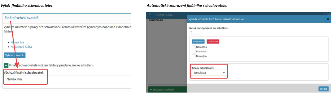 Novinka v modulu Faktury přijaté – přednastavení finálního schvalovatele