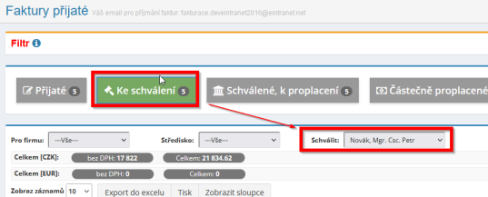 Novinka v modulu faktury přijaté – filtrování dle schvalovatele