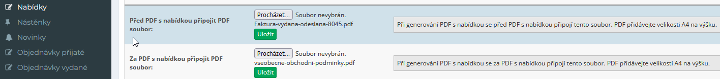 Novinka v modulu nabídky - možnost automatického připojení příloh v pdf k nabídce