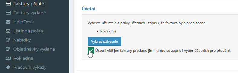 Novinka v modulu faktury přijaté - možnost výběru účetní