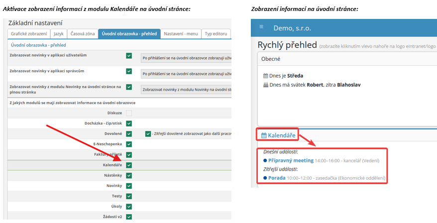 Novinka v sekci Rychlý přehled - zobrazení událostí z modulu Kalendáře
