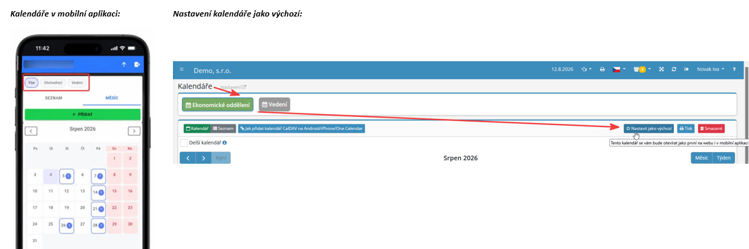 Novinky v modulu Kalendáře - mobilní aplikace, nastavení výchozího kalendáře