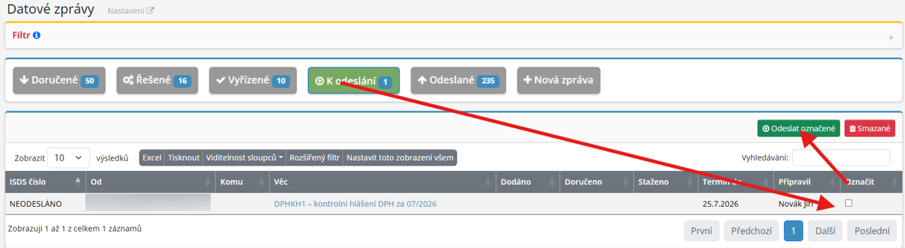 Novinka v modulu Datové zprávy – možnost hromadného odeslání zpráv připravených k odeslání