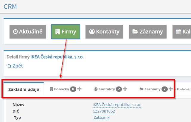 Nové zobrazení sekce Firmy v modulu CRM