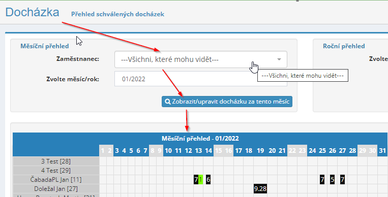 Novinka v modulu docházka