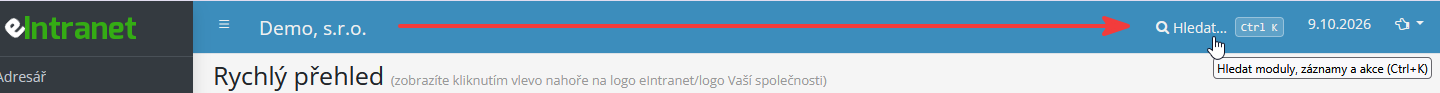 Nová možnost "Hledání v celé aplikaci" – klávesová zkratka Ctrl+K
