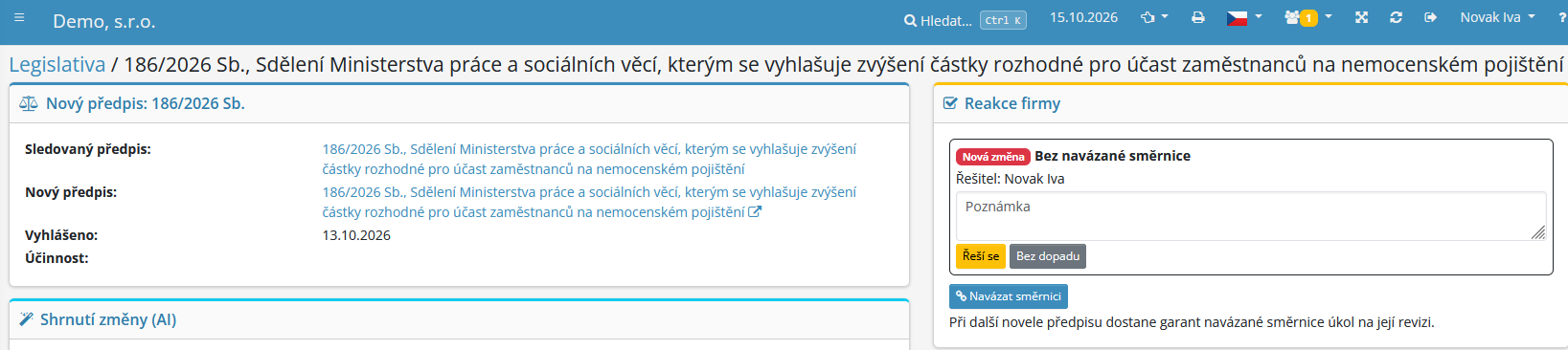 Nový modul Legislativa - automatické hlídání změn zákonů a návaznost na firemní směrnice