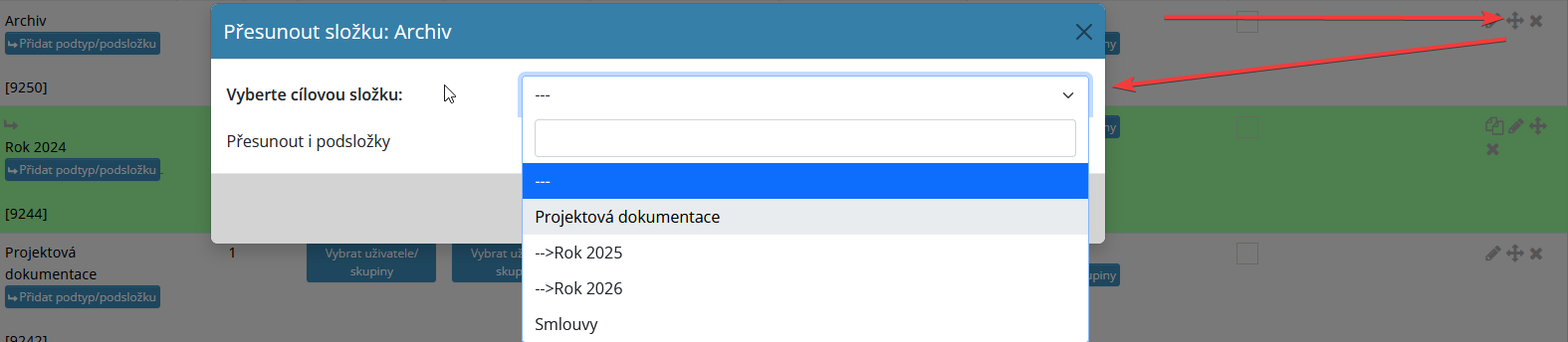 Novinka v modulu Dokumenty - možnost přesunu složek/podsložek v nastavení modulu