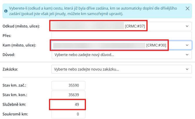 Novinka v modulu Knihy jízd – nabídka adres zákazníků z modulu CRM