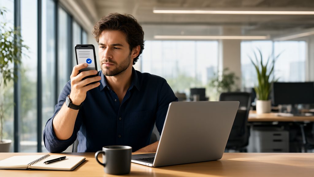 Zaměstnanec kontrolující notifikaci na mobilním telefonu v moderní kanceláři